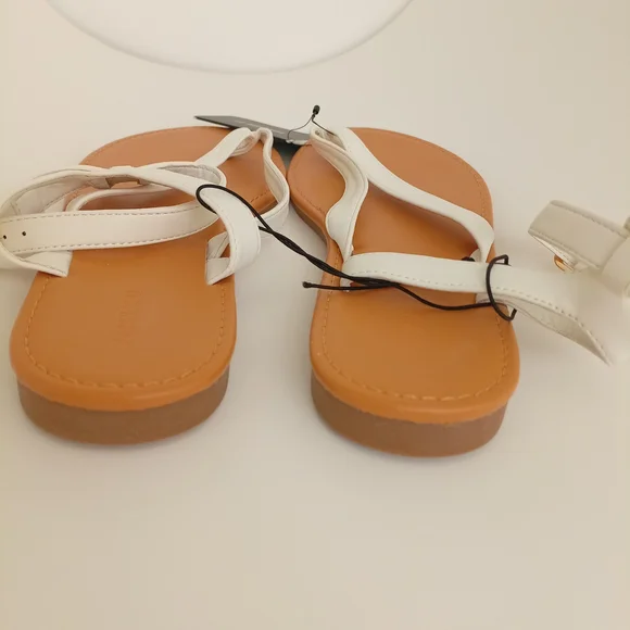 Forever 21 White Tan Tong Sandals With Ankle Straps Minimalist Design Size US 8 - Picture 5 of 12